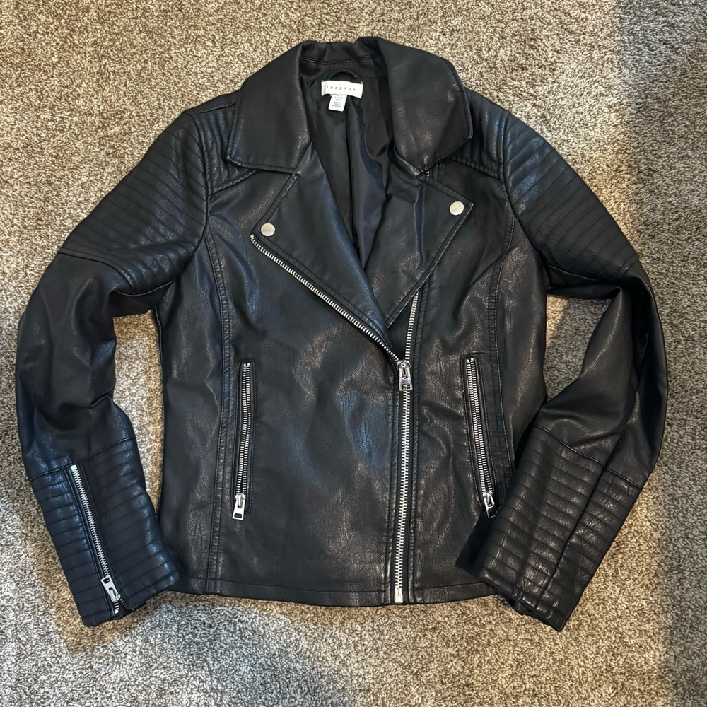 Womens topshop black faux leather Size 4 biker jacket